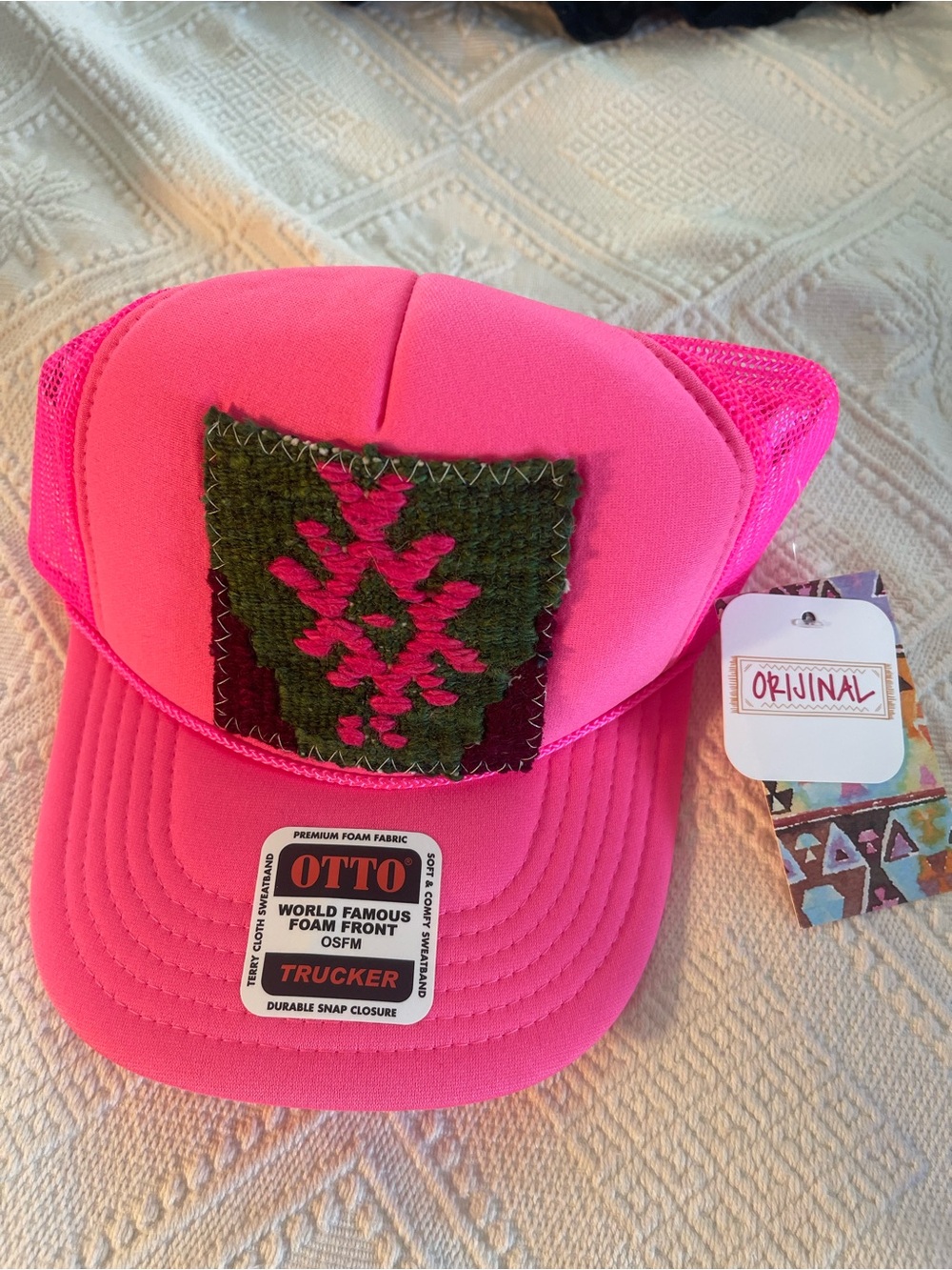 OTTO Neon Kids Trucker Hat with Green & Pink Patch